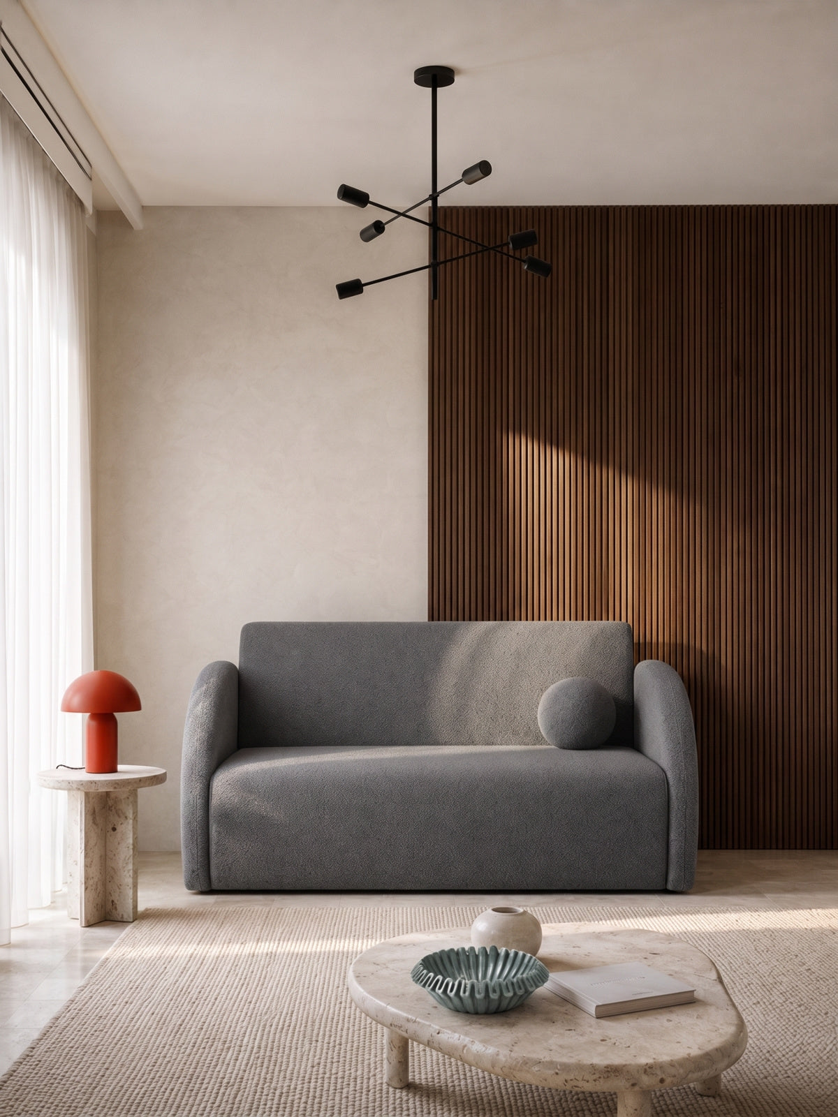 Sofa rozkładana Nubi dwuosobowa 120 cm szara boucle widok frontu z poduszką