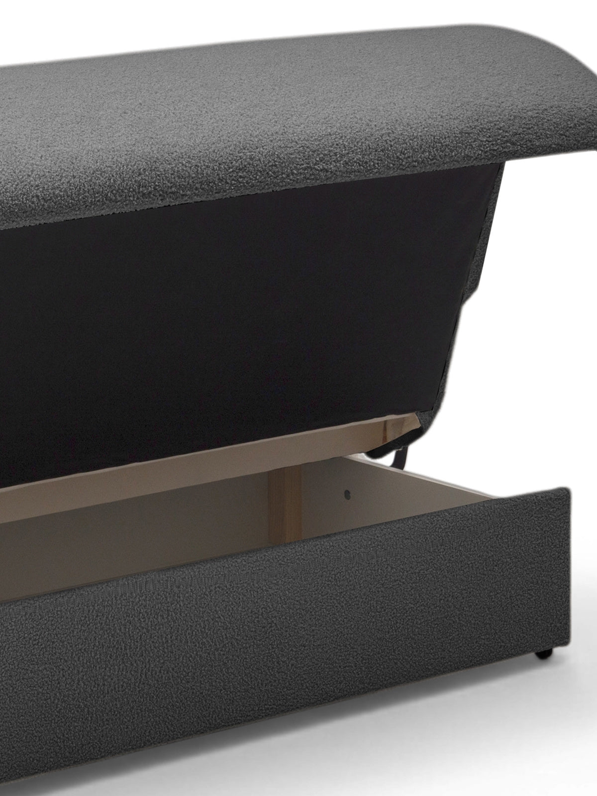 Sofa rozkładana Nubi 120 cm szara boucle z pojemnikiem na pościel uchylonym