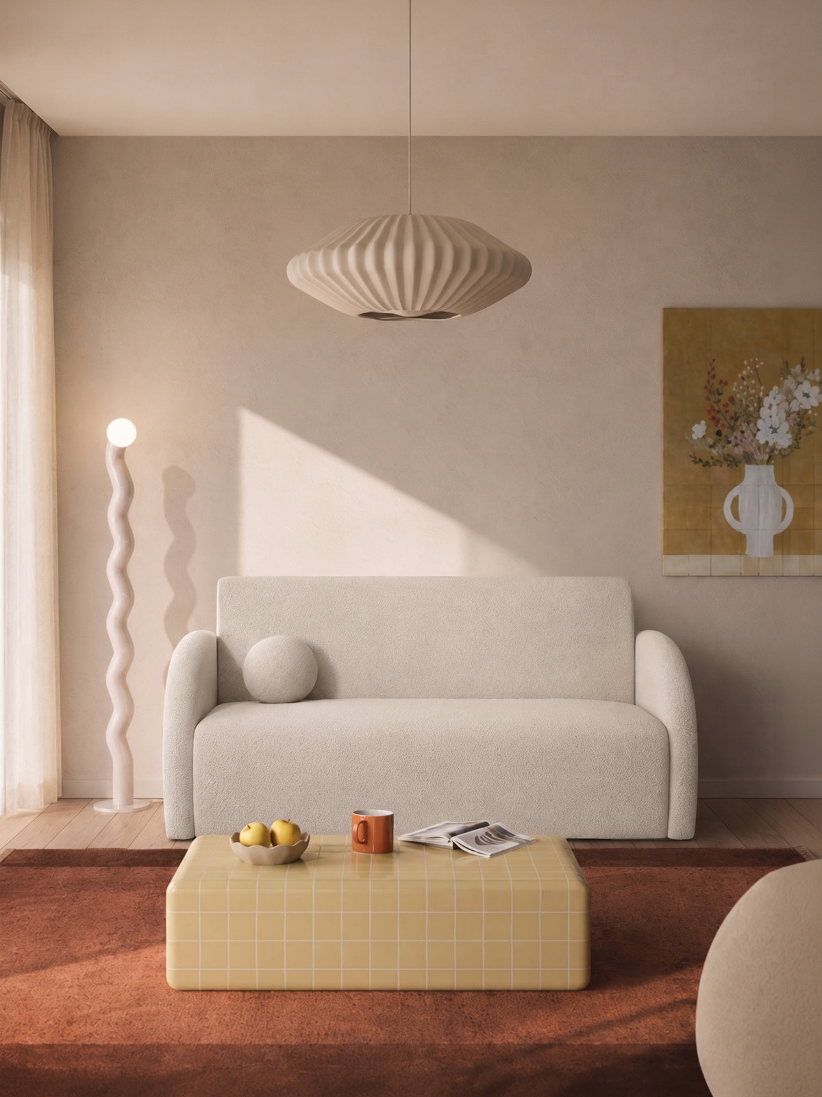Sofa rozkładana Nubi trzyosobowa w jasnym kolorze na tle salonu