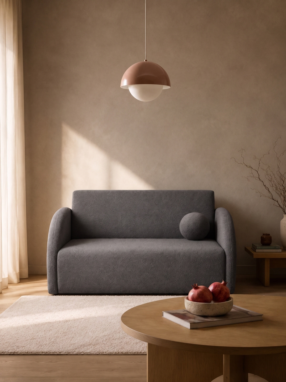 Sofa rozkładana Nubi trzyosobowa 140 cm szara boucle z poduszką