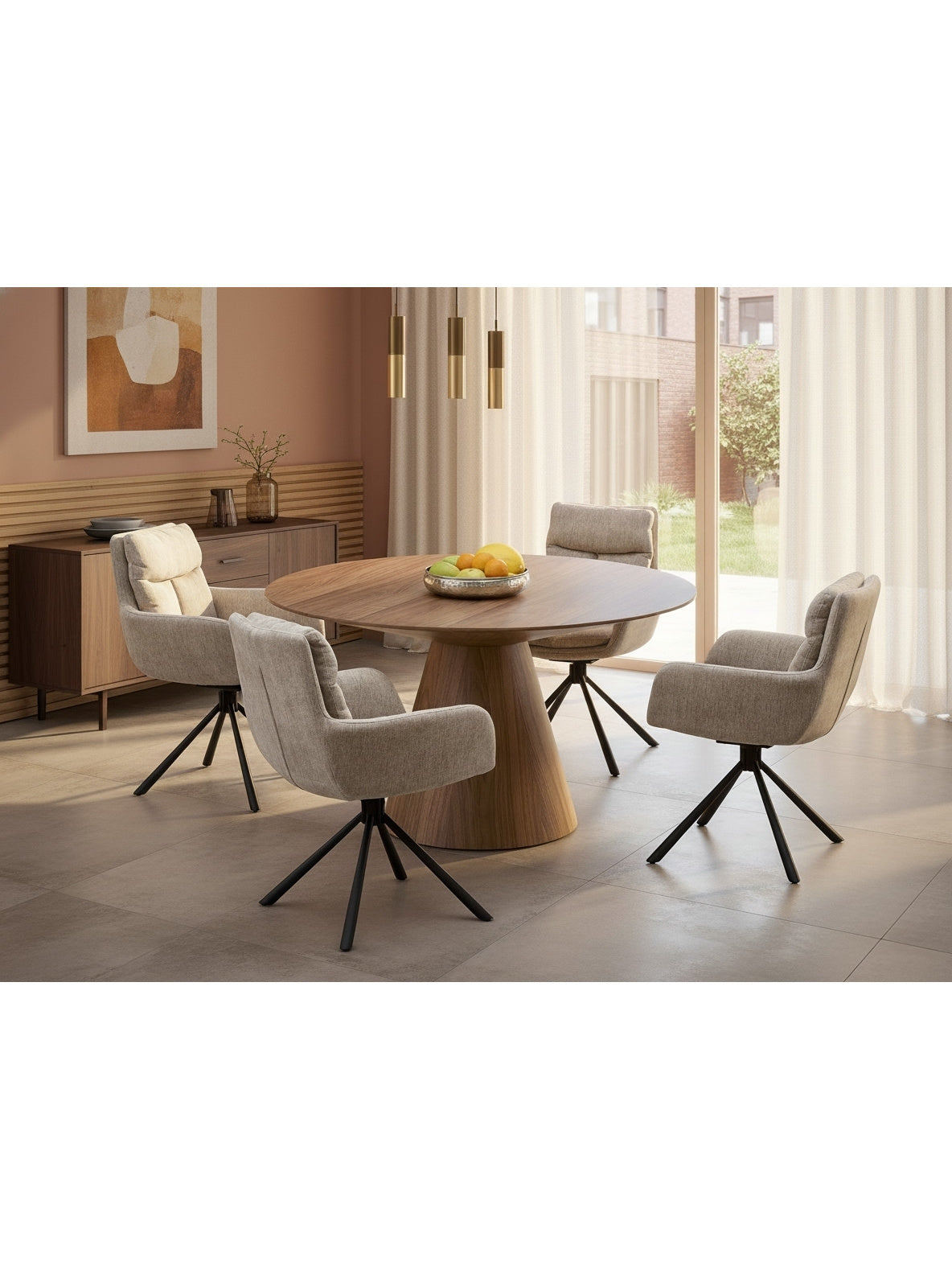 Stół okrągły Doran 136 cm w kolorze orzech z blatem MDF, styl Mid-Century Modern