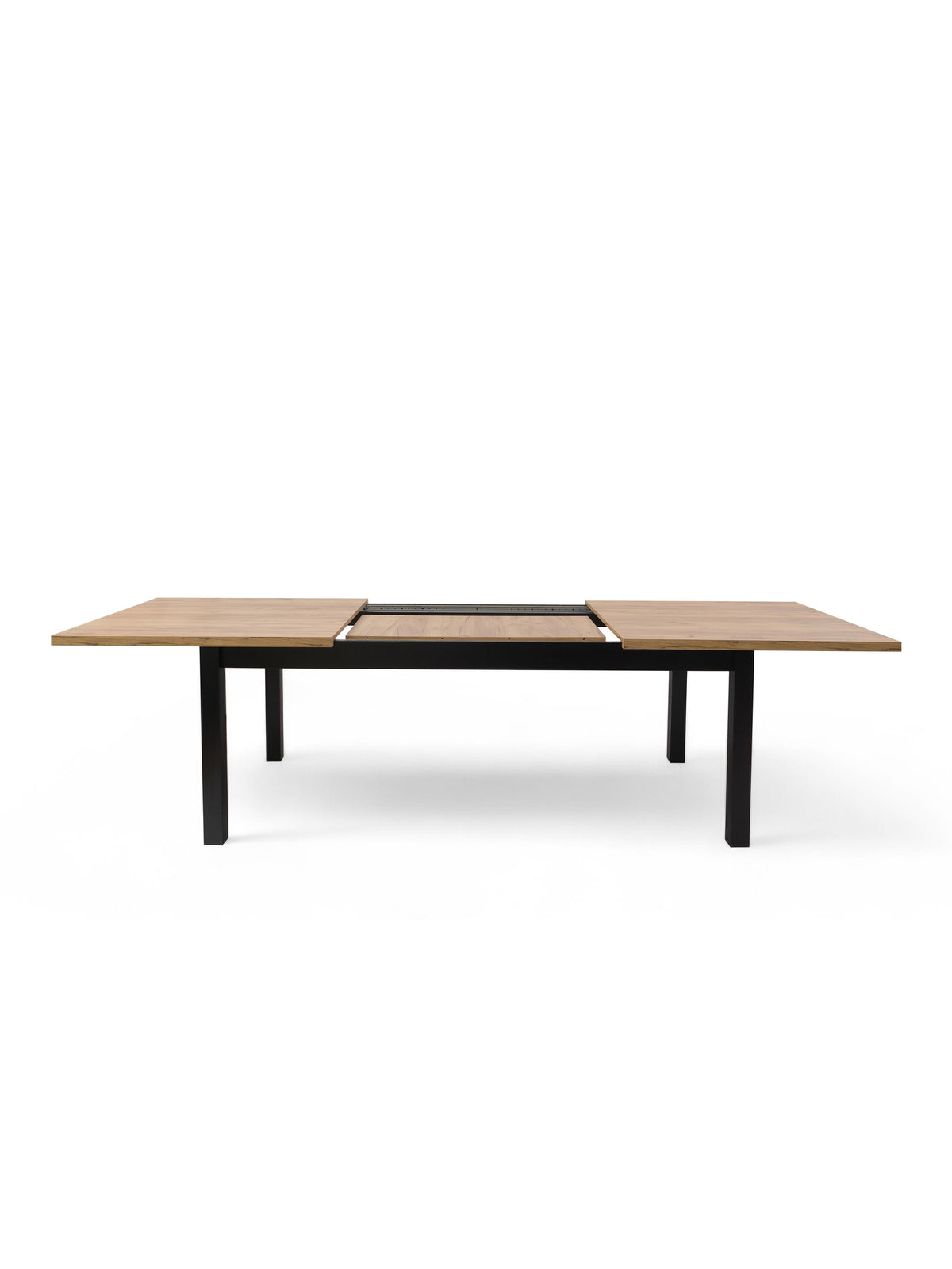 Rozkládací stůl Werona 140-220x80 cm s deskou dąb craft a černými nohami, pohled na mechanizmus rozkládání