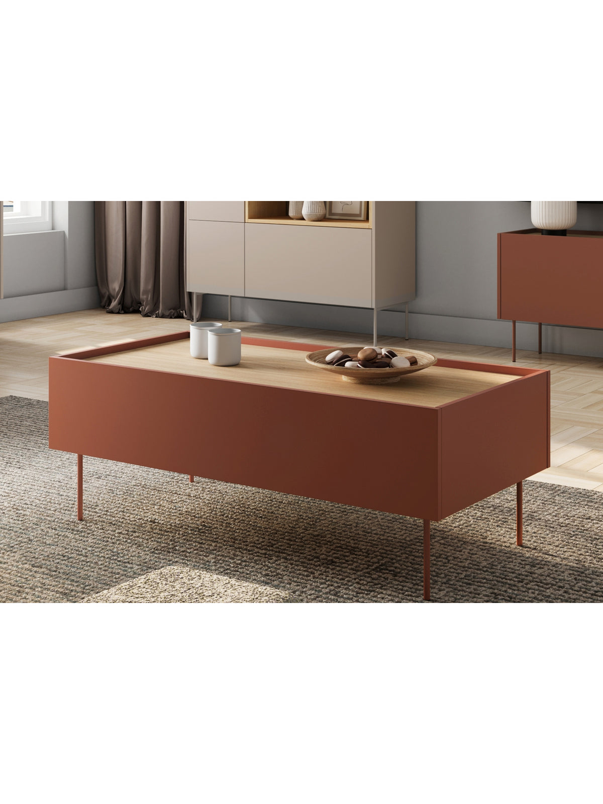 Konferenční stolek Desin 120 cm v keramické červené matné barvě s dubovým vrchem a dvěma zásuvkami