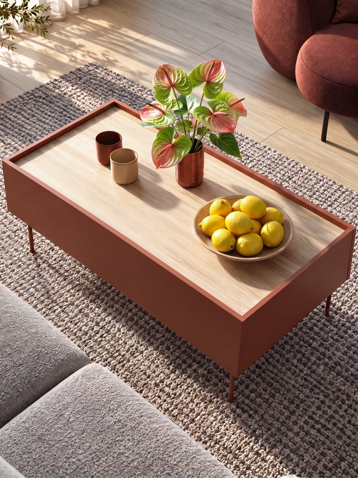 stolek kawowy Desin 120 cm se zásuvkami - ceramic red / dub nagano