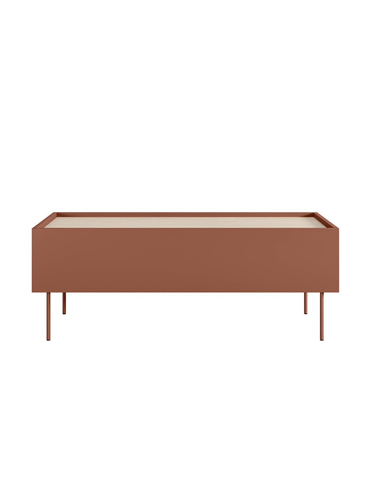 Konferenční stolek Desin 120 cm v barvě ceramic red mat s dubovou deskou a dvěma zásuvkami
