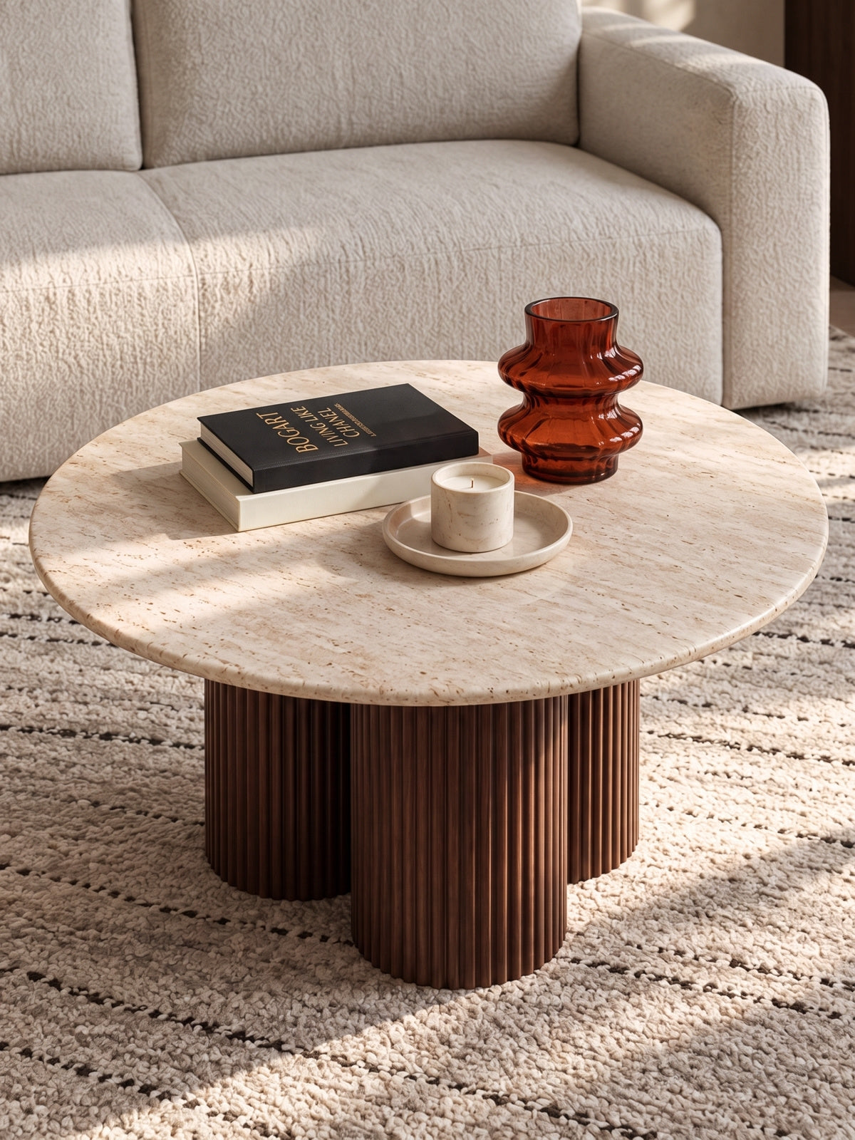 stolek kawowy okragly Massia 80 cm pro obývacího pokoje - travertin / ořech