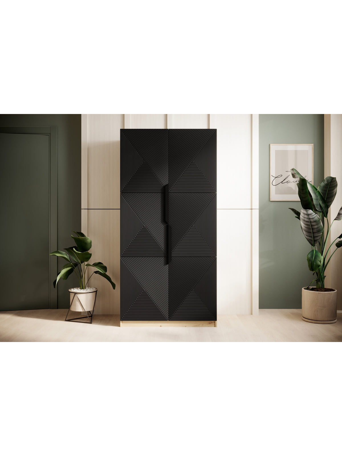 skříň Asha 100 cm s frézovanou přední částí i metalowymi uchwytami- artisan / černá mat / černá Úchytky