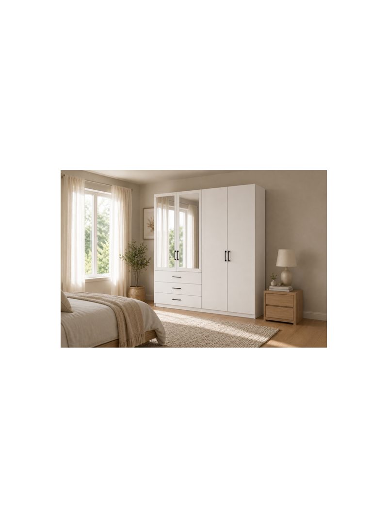 Čtyřdveřová skříň Lumera 196 cm cashmere s zrcadlem a 3 zásuvkami