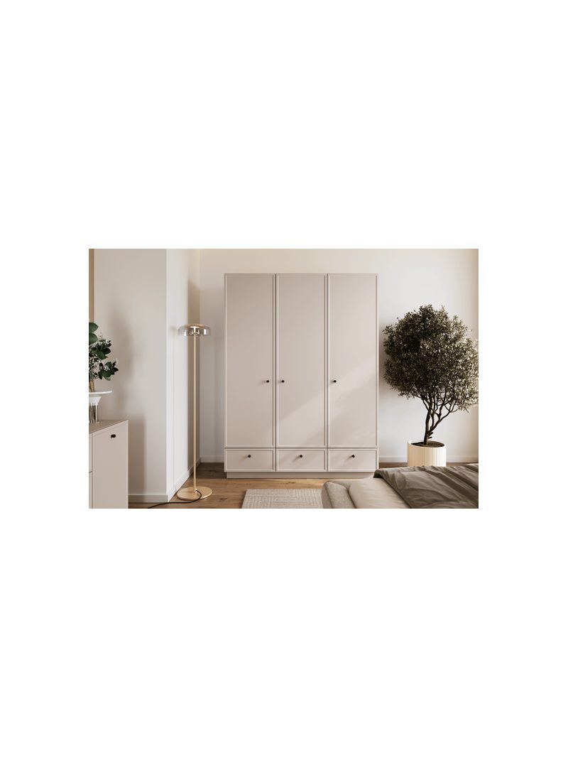 Šatní skříň Lorini 150 cm v barvě kašmíru s černými úchyty, 3 dveře a 3 zásuvky