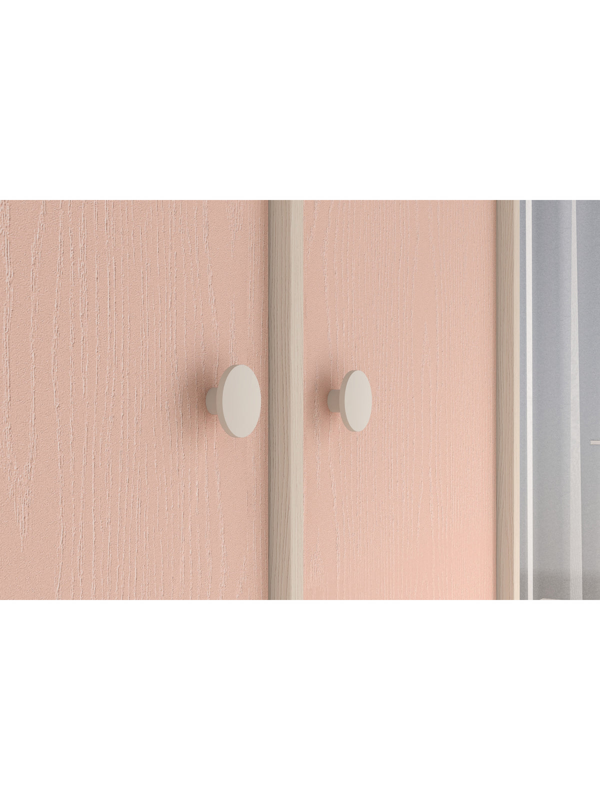 Dětská skříň Marla 80 cm s růžovými dvířky v barvě millenial pink, detail úchytek