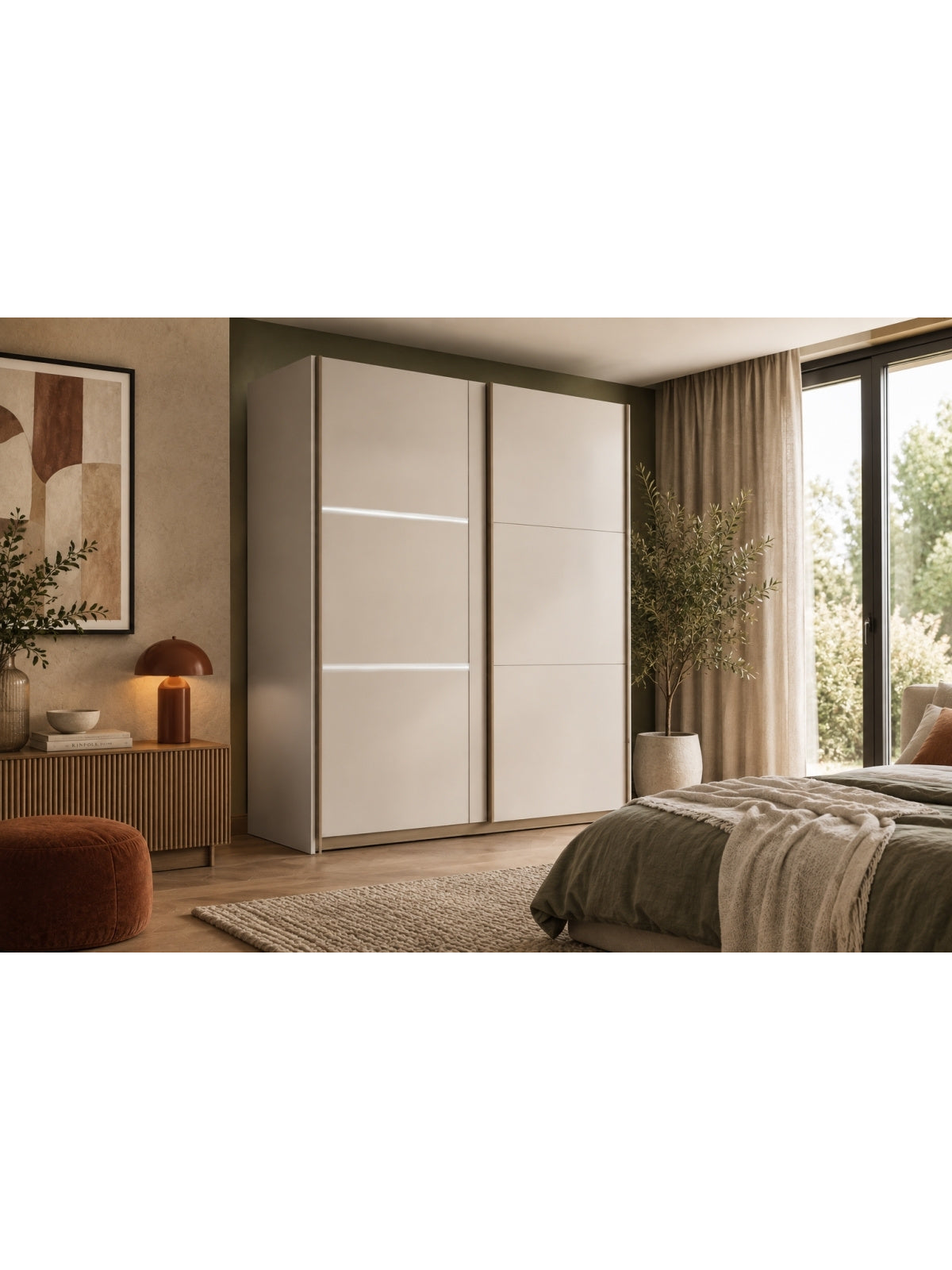 Posuvná skříň Tanis 200 cm s LED světlem v barvě kašmíru se dvěma dveřmi