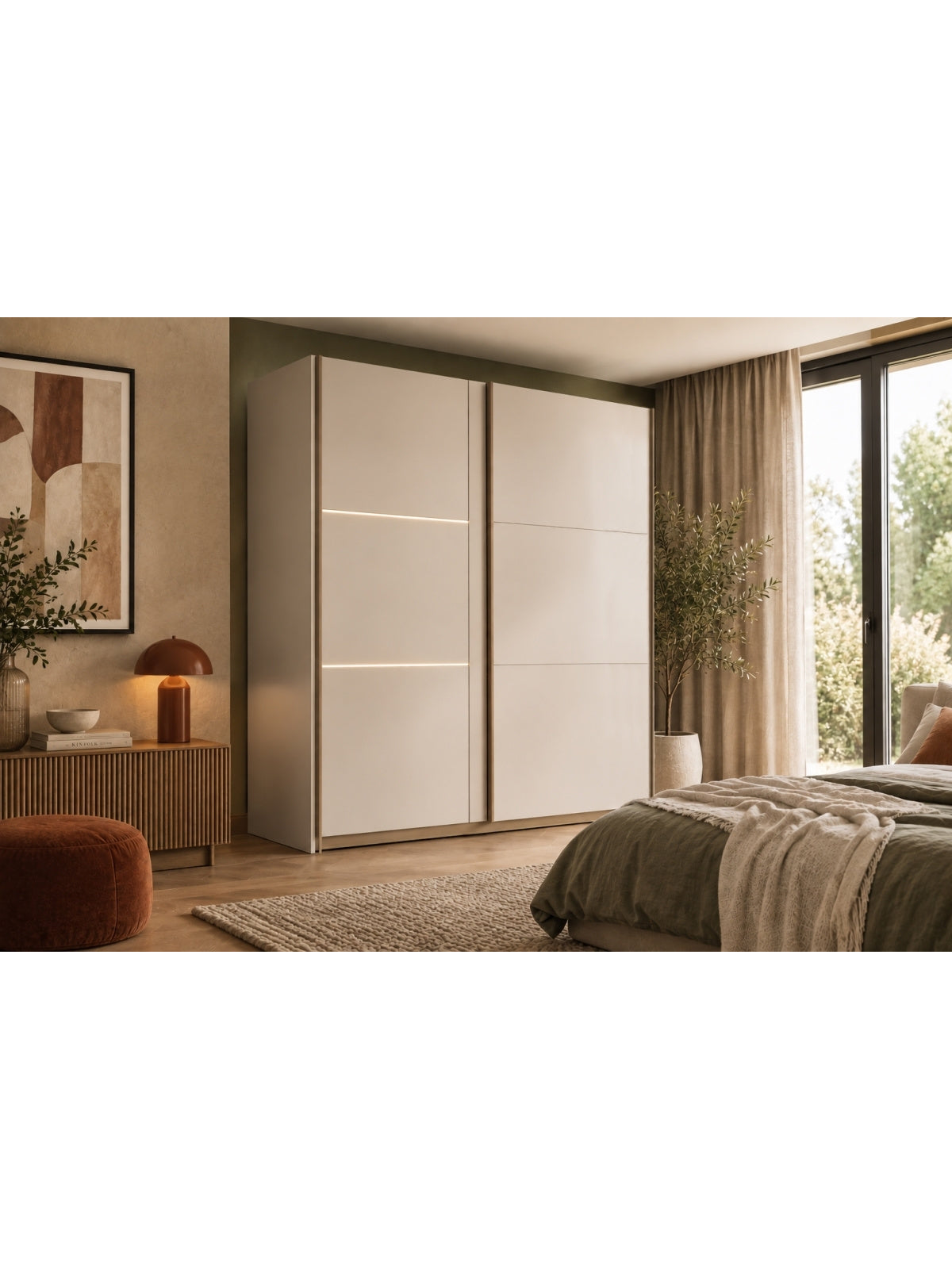 Posuvná skříň Tanis 250 cm kasmír s LED osvětlením, pohled na přední dveře