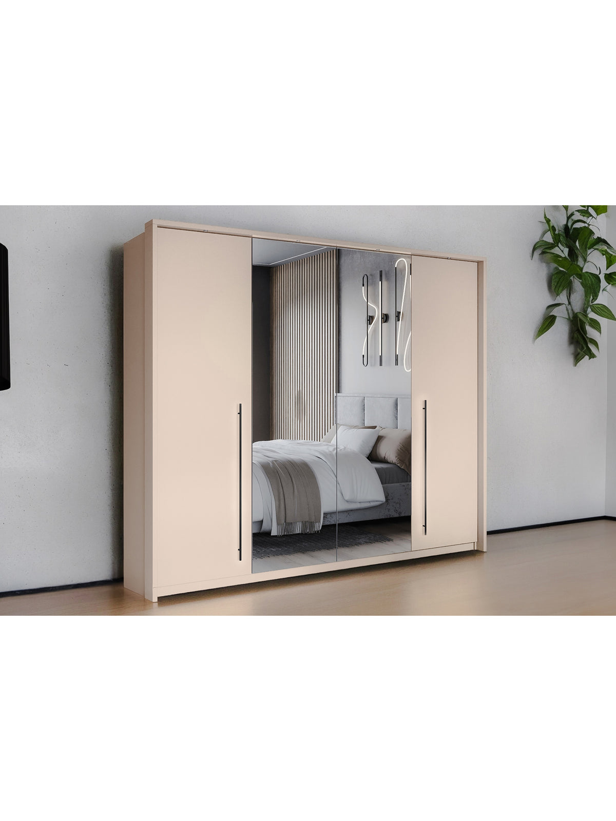 Skříň Mirava 210 cm dvoudveřová pískově béžová s černými úchyty a zrcadlem