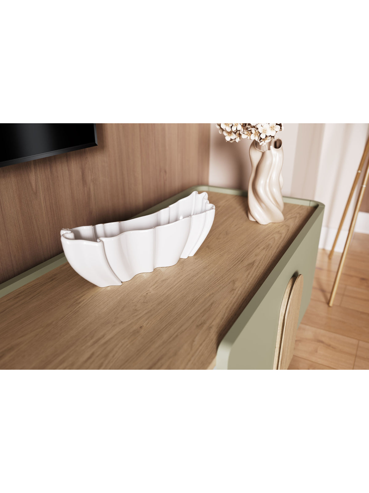 skříňka RTV Amilio 220 cm z szuflada na nožkách - eukaliptus / dub baltic dune / Úchytky dub přírodní