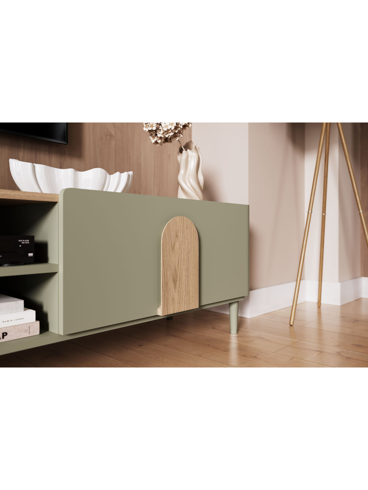 skříňka RTV Amilio 220 cm z szuflada na nožkách - eukaliptus / dub baltic dune / Úchytky dub přírodní