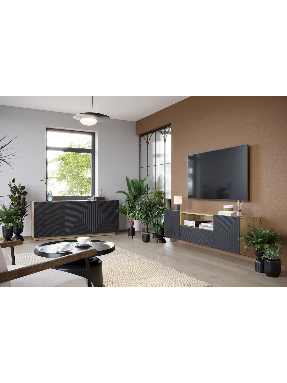 Skříňka RTV Asha 167 cm závěsná z szuflada i wneka - artisan / rivier stone mat