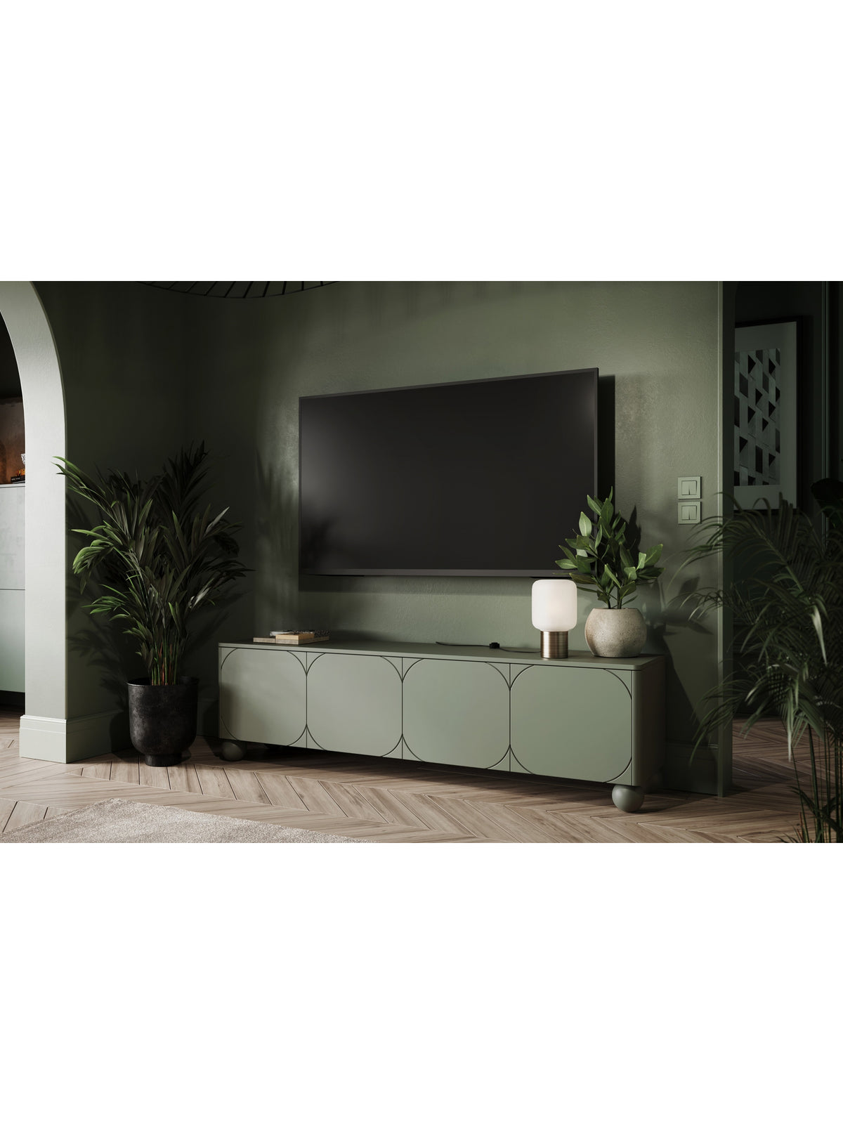 TV komoda Sonatia II 200 cm se čtyřmi dvířky na kulatých nohách olivově zelená