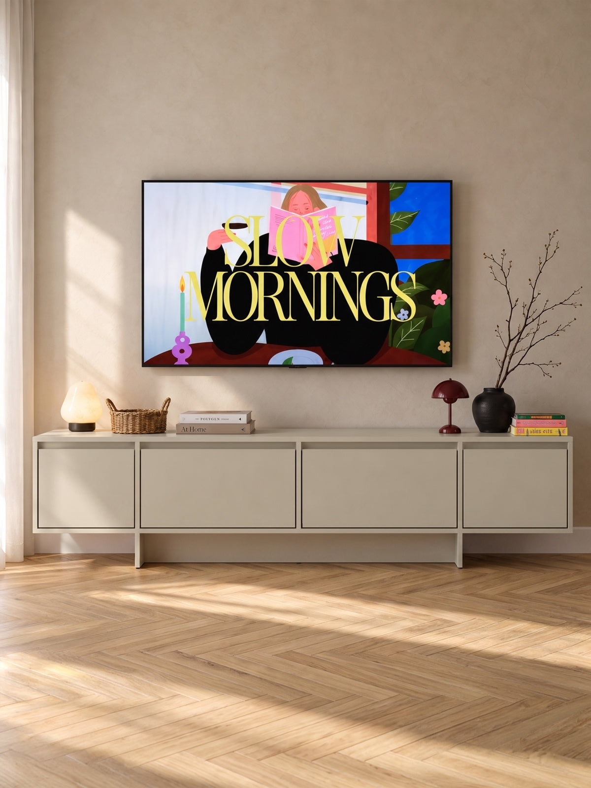 TV skříňka Zolia 180 cm v kašmírové barvě se čtyřmi dvířky na soklu v moderním stylu