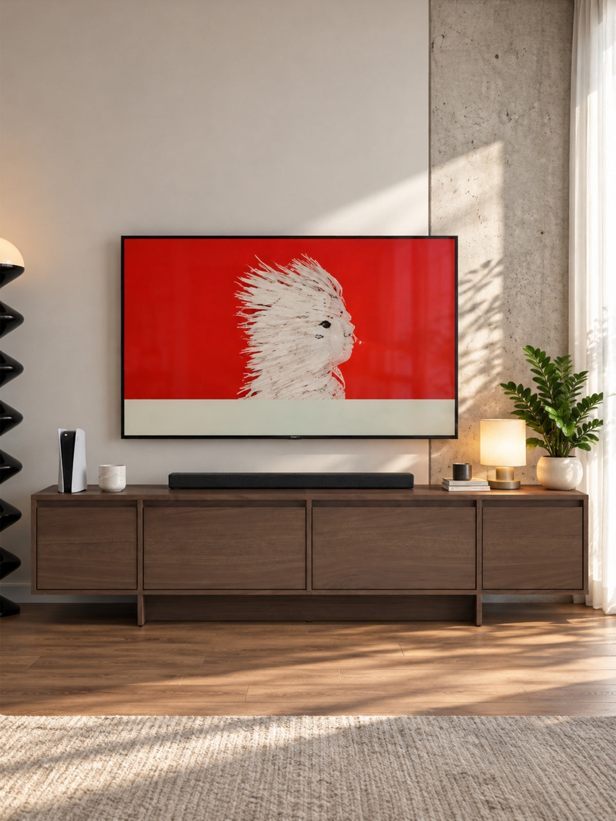 TV skříňka Zolia 180 cm na soklu orech elegant, hladký přední panel, čelní pohled