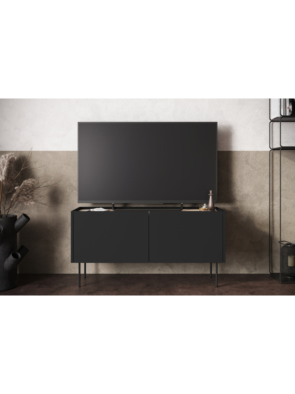 TV skříňka Desin 120 cm černá matná s skrytou zásuvkou a kovovými nohami