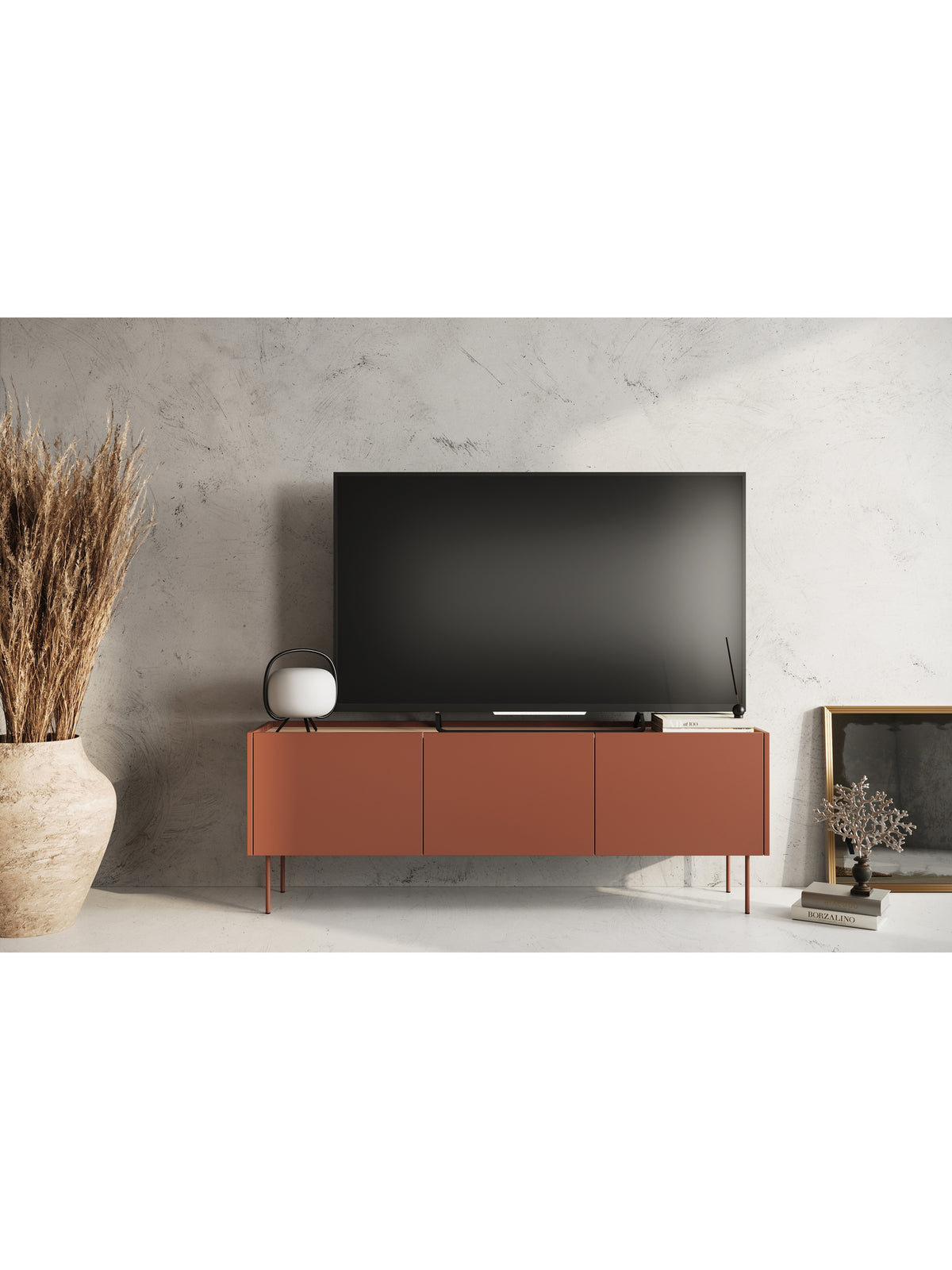 TV stolek Desin 170 cm v bordó ceramic red mat s dubovou deskou a kovovými nohami