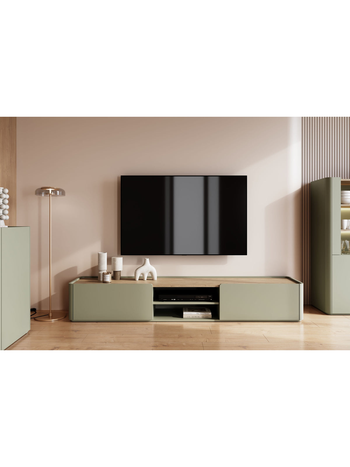 TV komoda Elivo 220 cm v barvě eukalyptus s dubovým víkem baltic dune a jedním šuplíkem