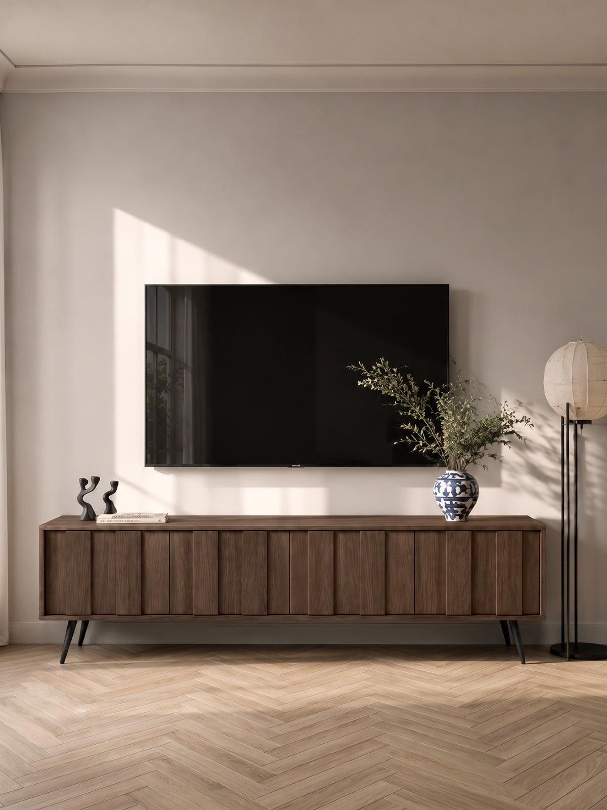 RTV skříňka Flaro 184 cm dub dunin s černými nohami a teplým LED osvětlením