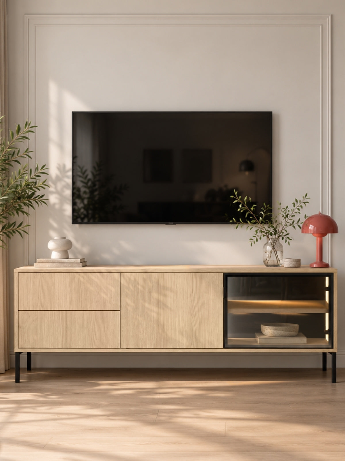 TV komoda Harmona 160 cm světlé dřevo dub lindberg s LED a černými nohami