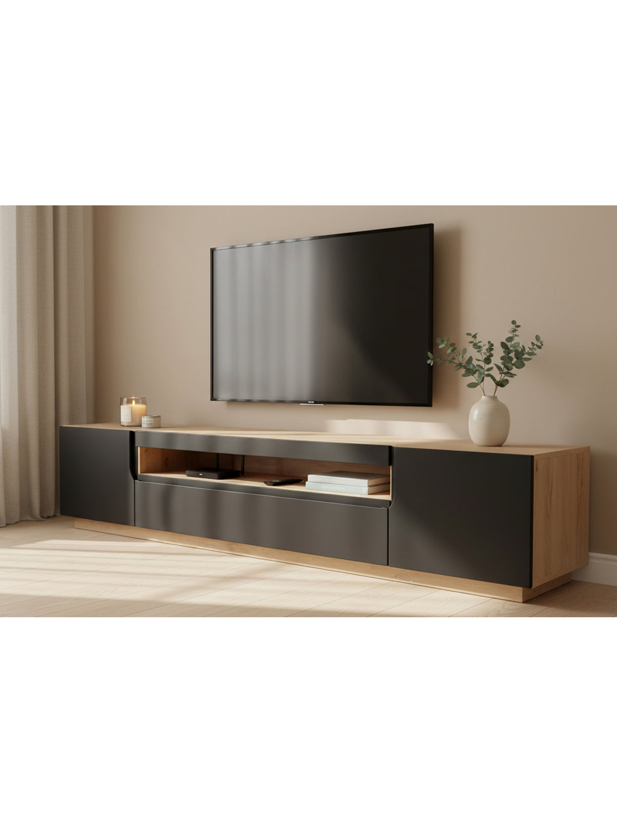 TV skříňka Loftia 200 cm dvoudveřová s nikou černá matná s korpusem dub artisan