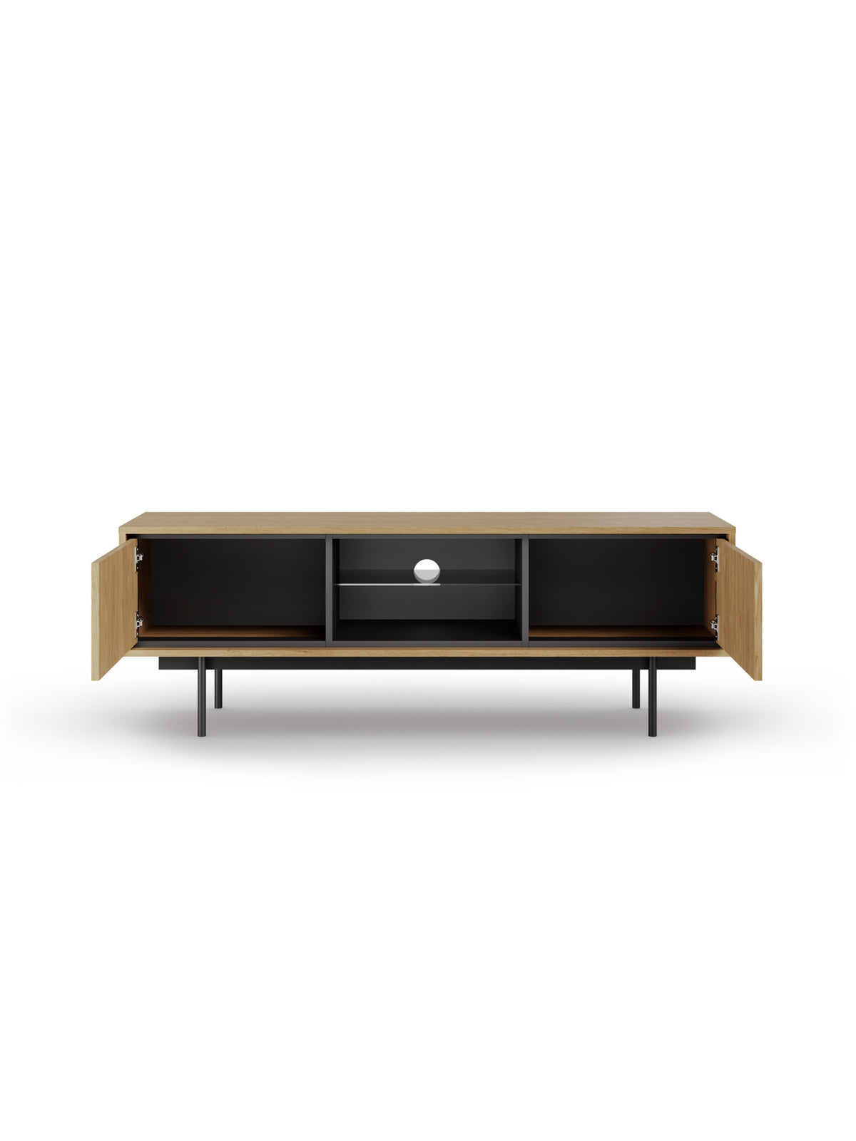 TV skříňka Rocco 150 cm dub baltic dune s černými detaily a kovovými nohami, pohled zepředu