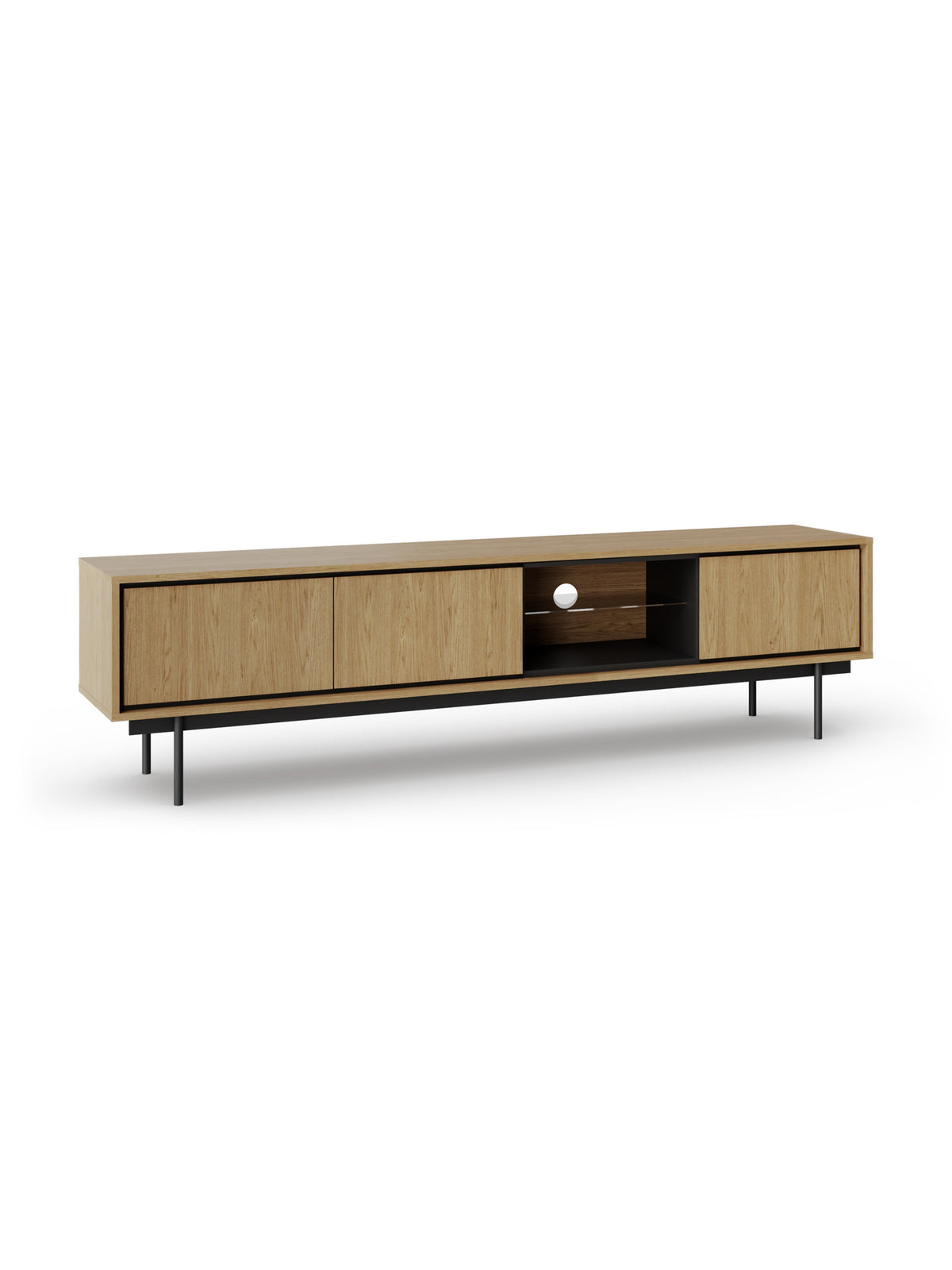 TV komoda Rocco 200 cm dub baltic dune se třemi dveřmi a černými nohami zepředu