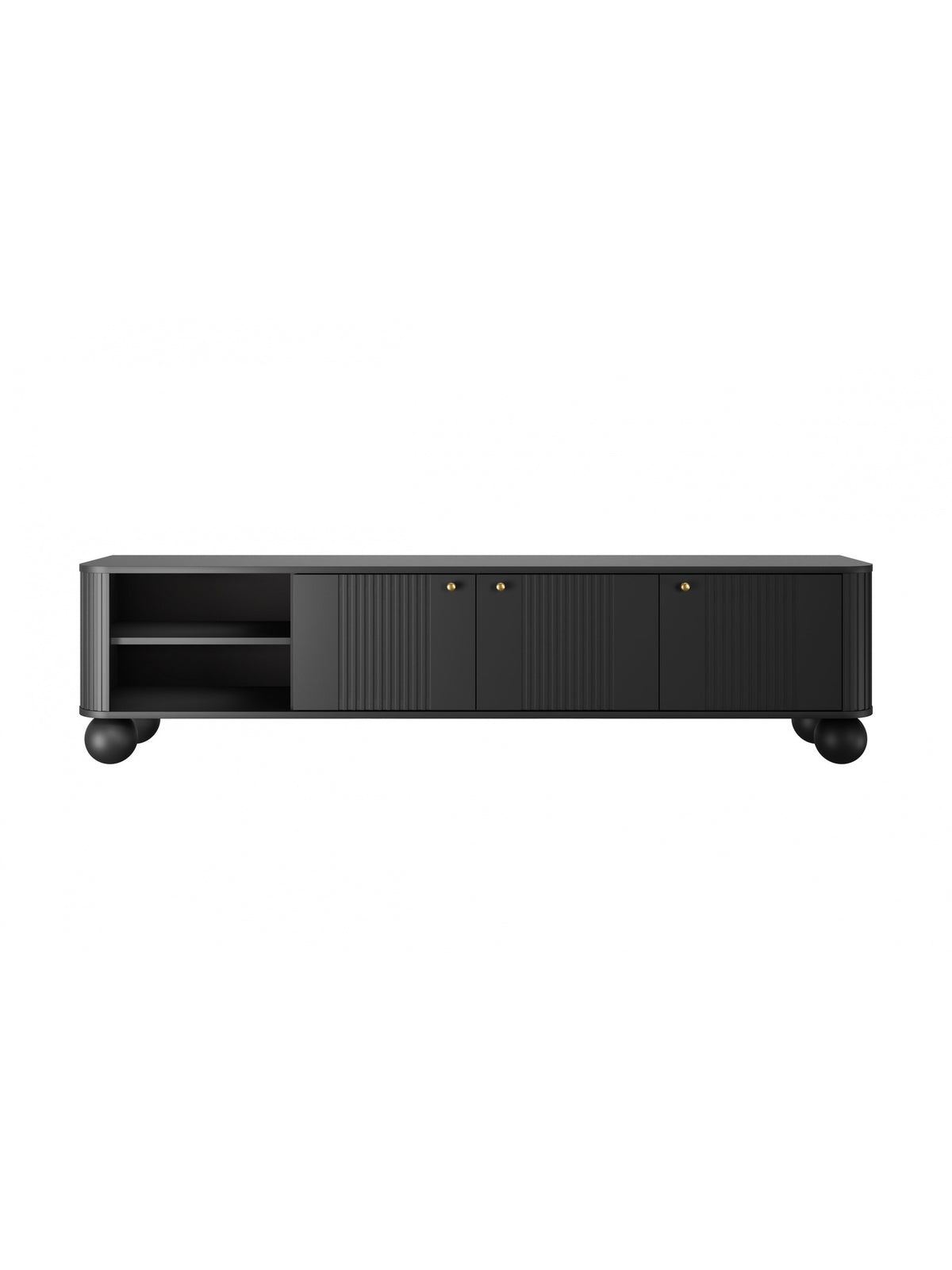 Černá TV komoda Vesper 187 cm se třemi dvířky a zlatými úchyty