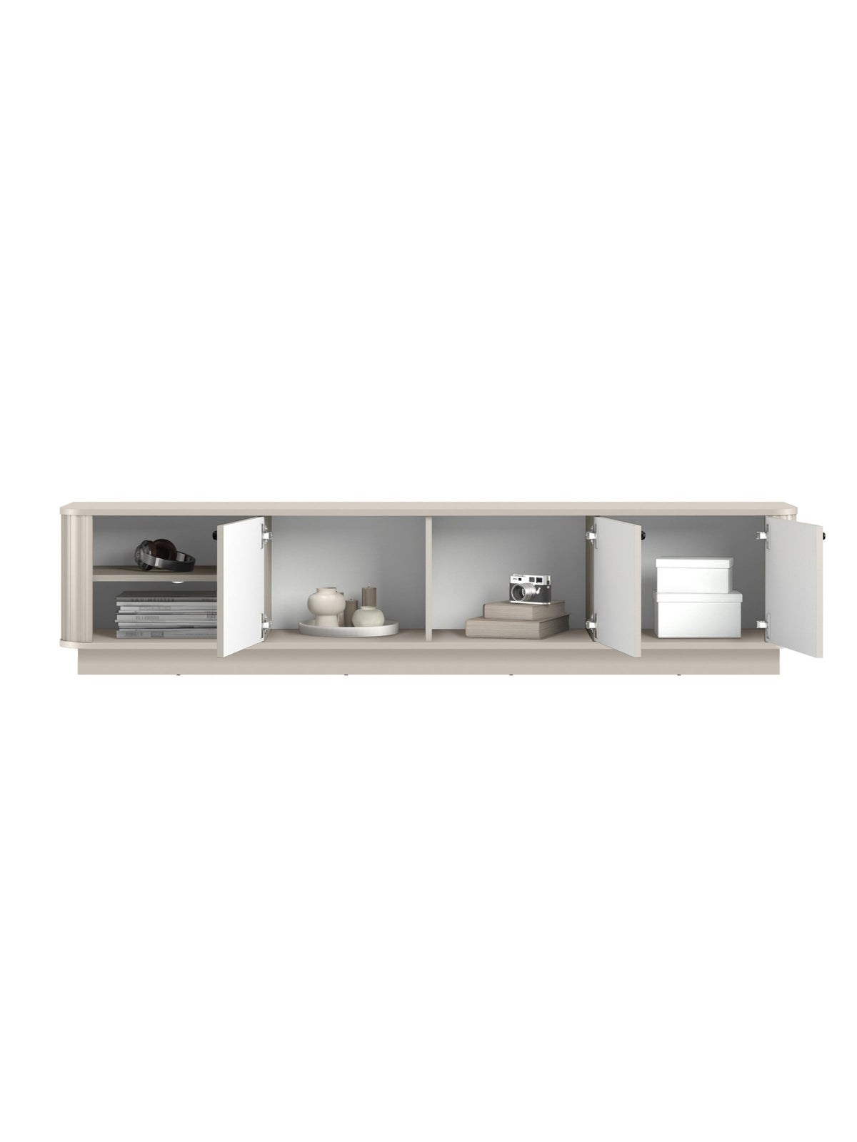 Televizní skříňka Vesper 3D 187 cm v barvě cashmere s černými úchyty, otevřené dveře