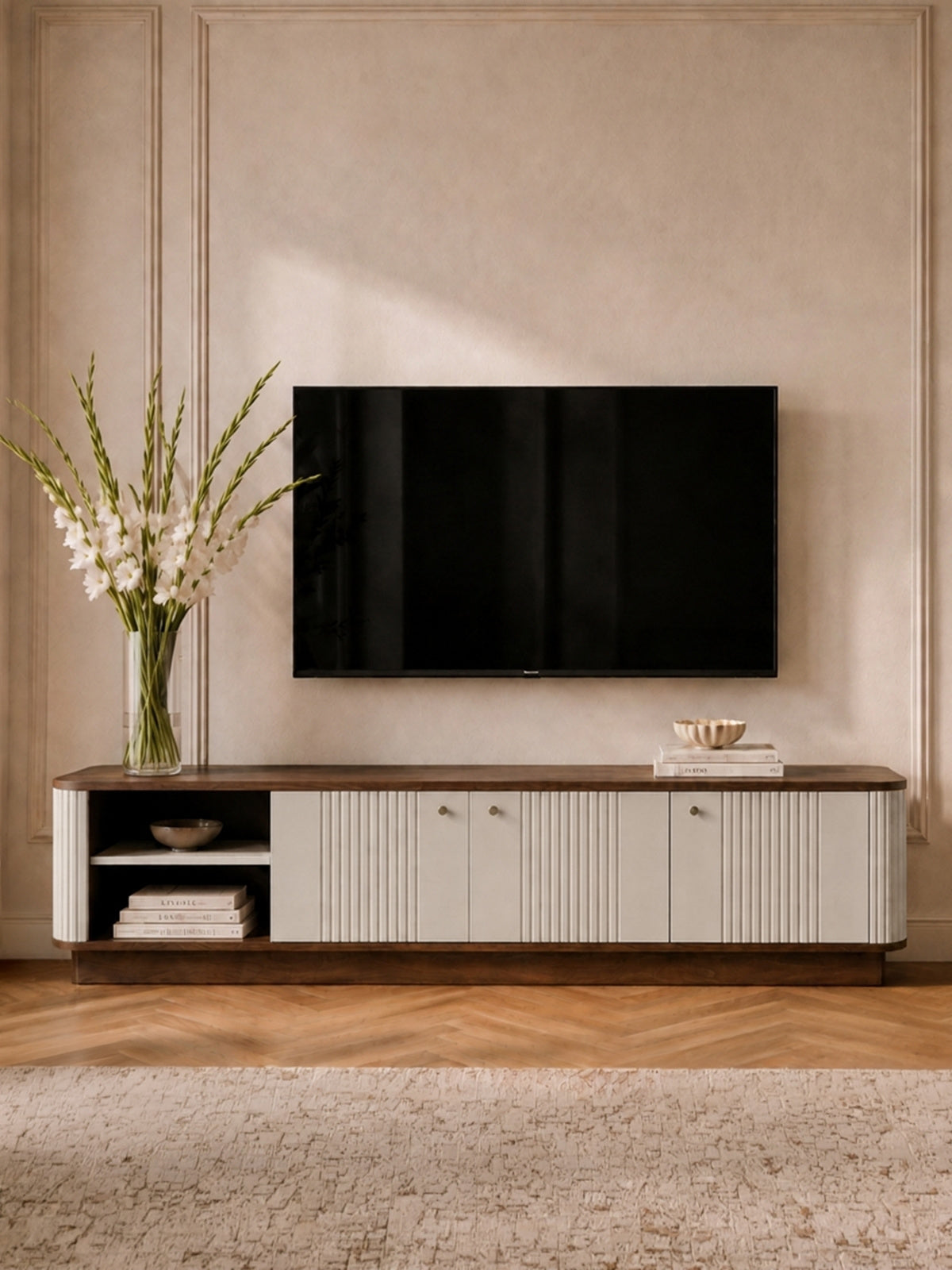 skříňka RTV Vesper 3D 187 cm na soklu - kašmír / ořech / černá Úchytky