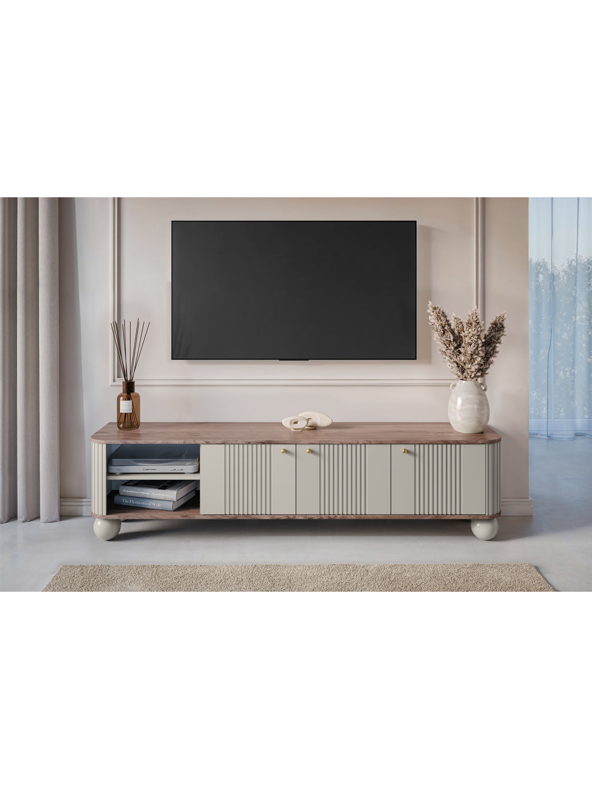 TV stolek Vesper 187 cm tříčtvrťový kaszmir, ořech, zlaté úchyty, kulaté nohy