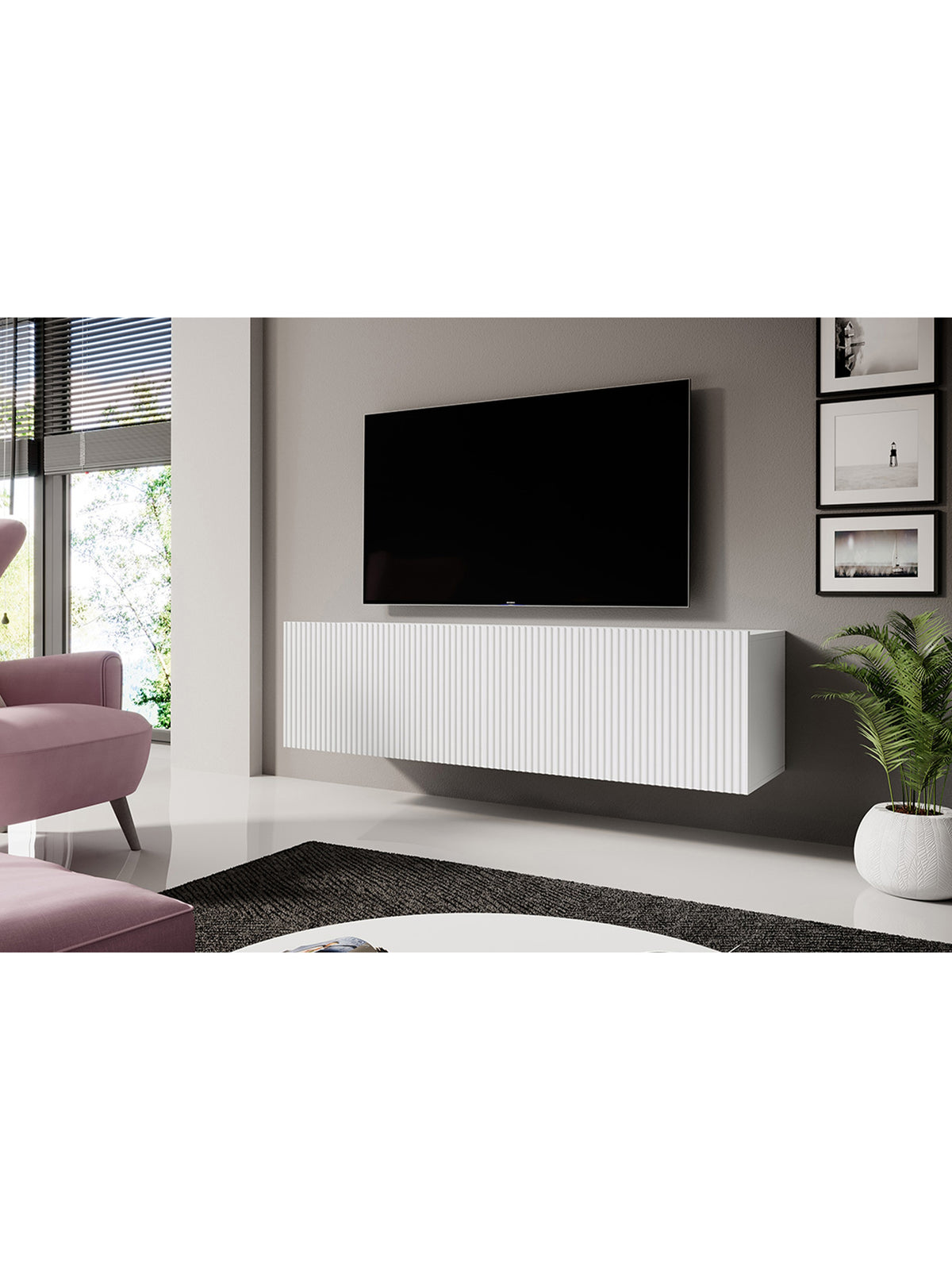 Skříňka RTV závěsná Nicole 150 cm z szuflada - bílá / bílá mat