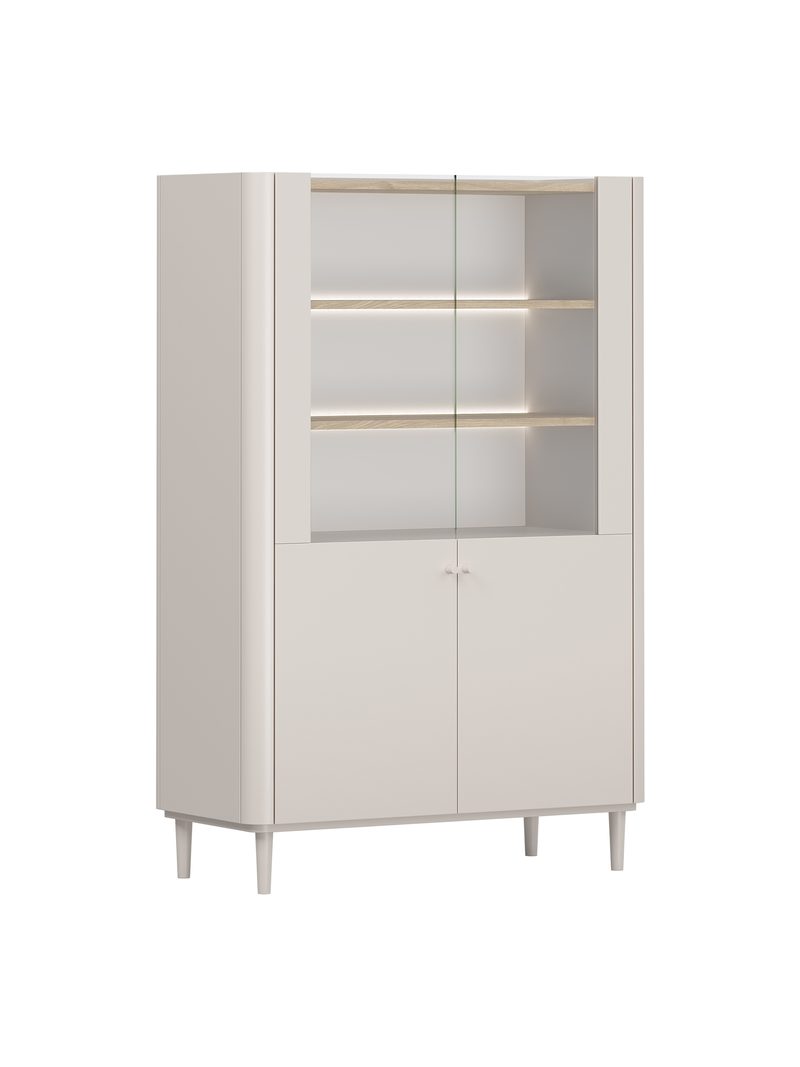 Dvoukřídlá vitrína Elivo 100 cm cashmere s dubovou deskou a LED osvětlením