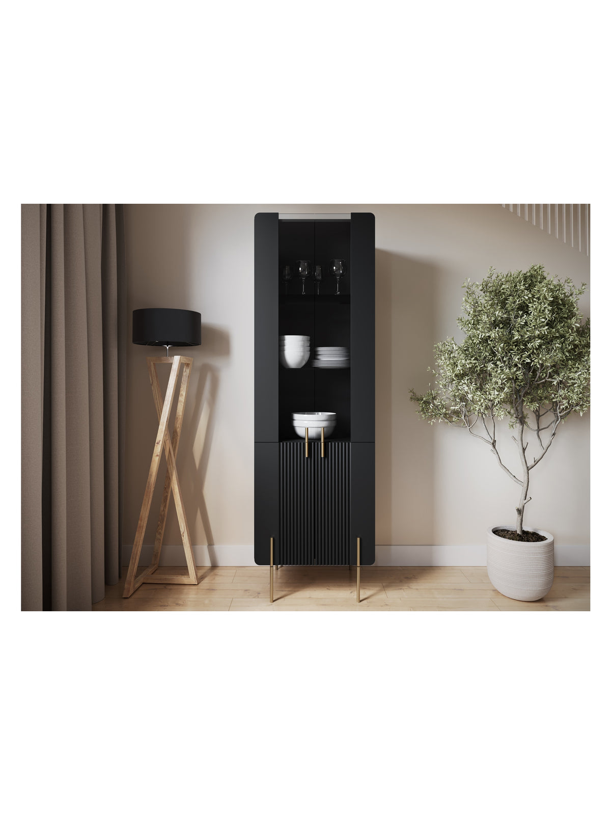 Vitrína Malmi 60 cm - černá mat / zlote nozki