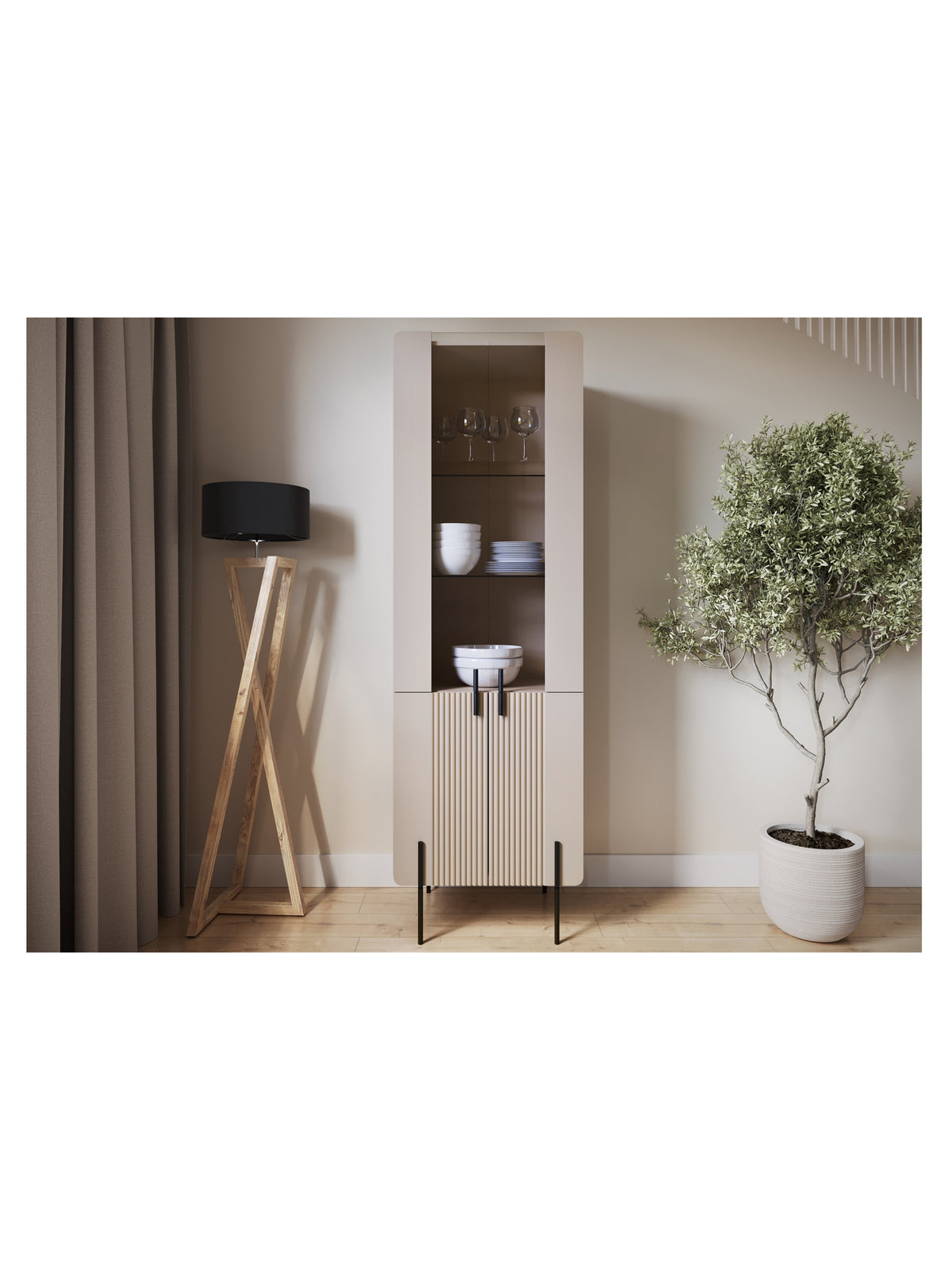 Vitrína Malmi 60 cm čtyřdveřová - kašmír / černá nozki