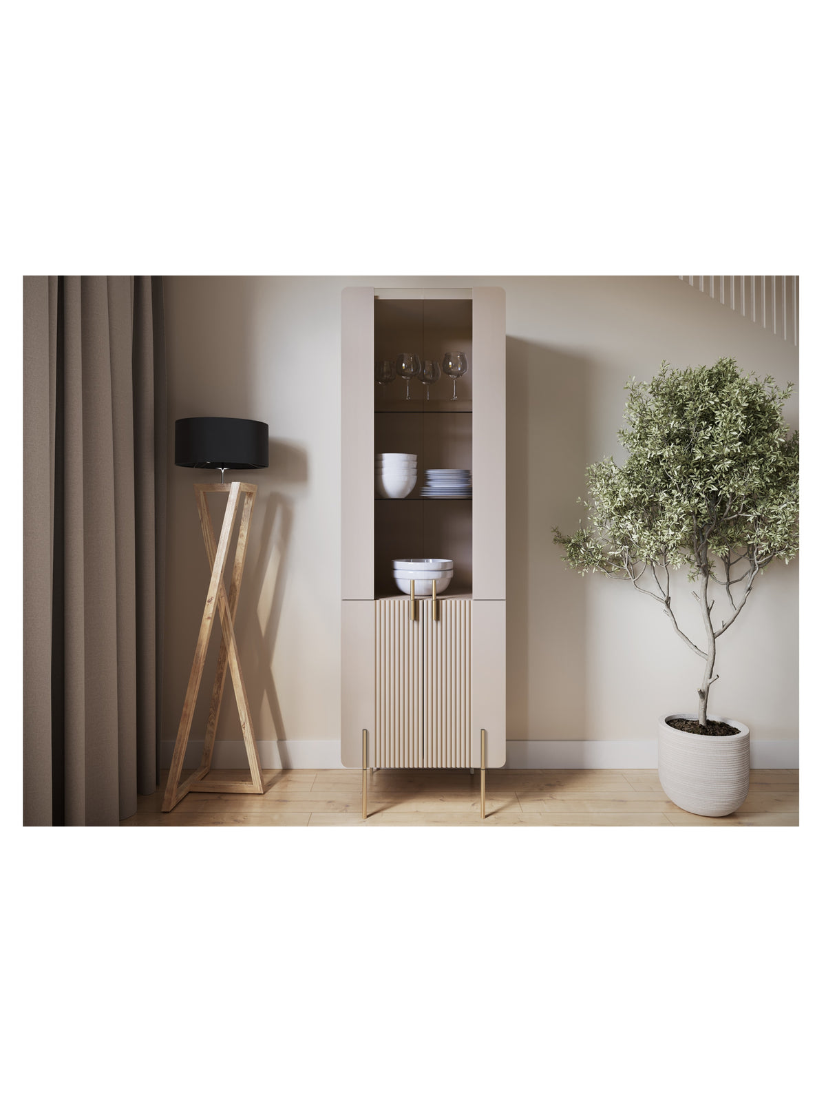 Vitrína Malmi 60 cm čtyřdveřová - kašmír / zlote nozki