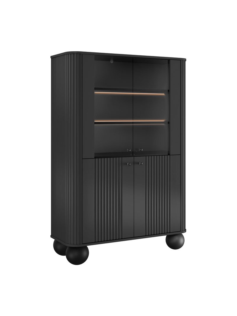 Černá vitrína Vesper 103 cm se čtyřmi dveřmi, černé úchyty a kulaté nohy