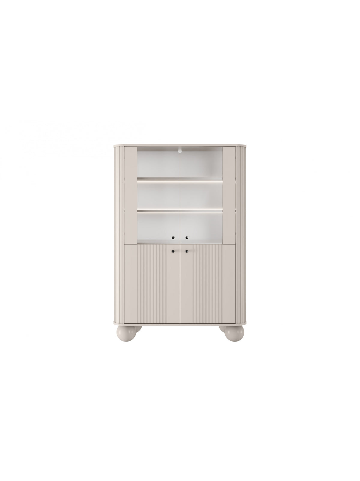 Vitrína Vesper 103 cm kasmírová barva se čtyřmi dvířky, černé úchyty, rýhovaný přední panel, kulaté nohy