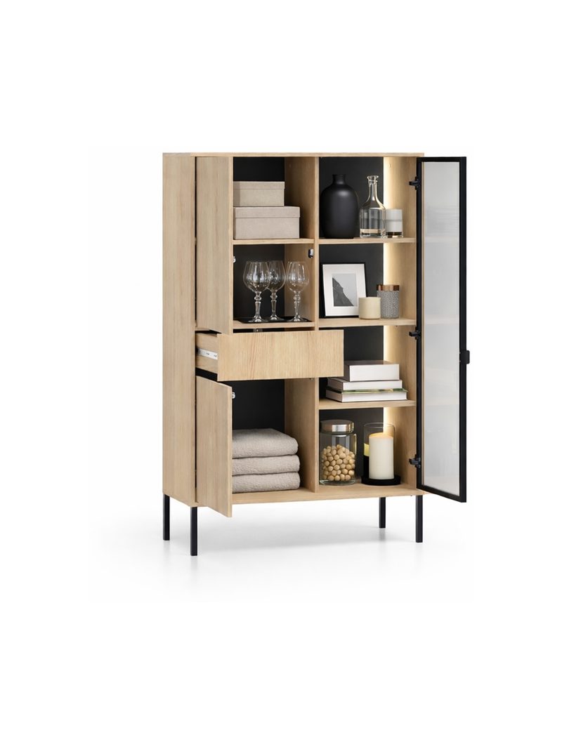 Vysoká vitrína Harmona 92 cm v světlém dekoru dub lindberg s šuplíkem a LED osvětlením