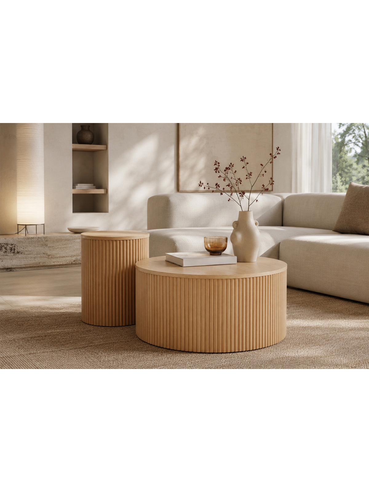 Zestaw stolików kawowych Tamis okrągłych 80 i 40 cm naturalny kolor drewna