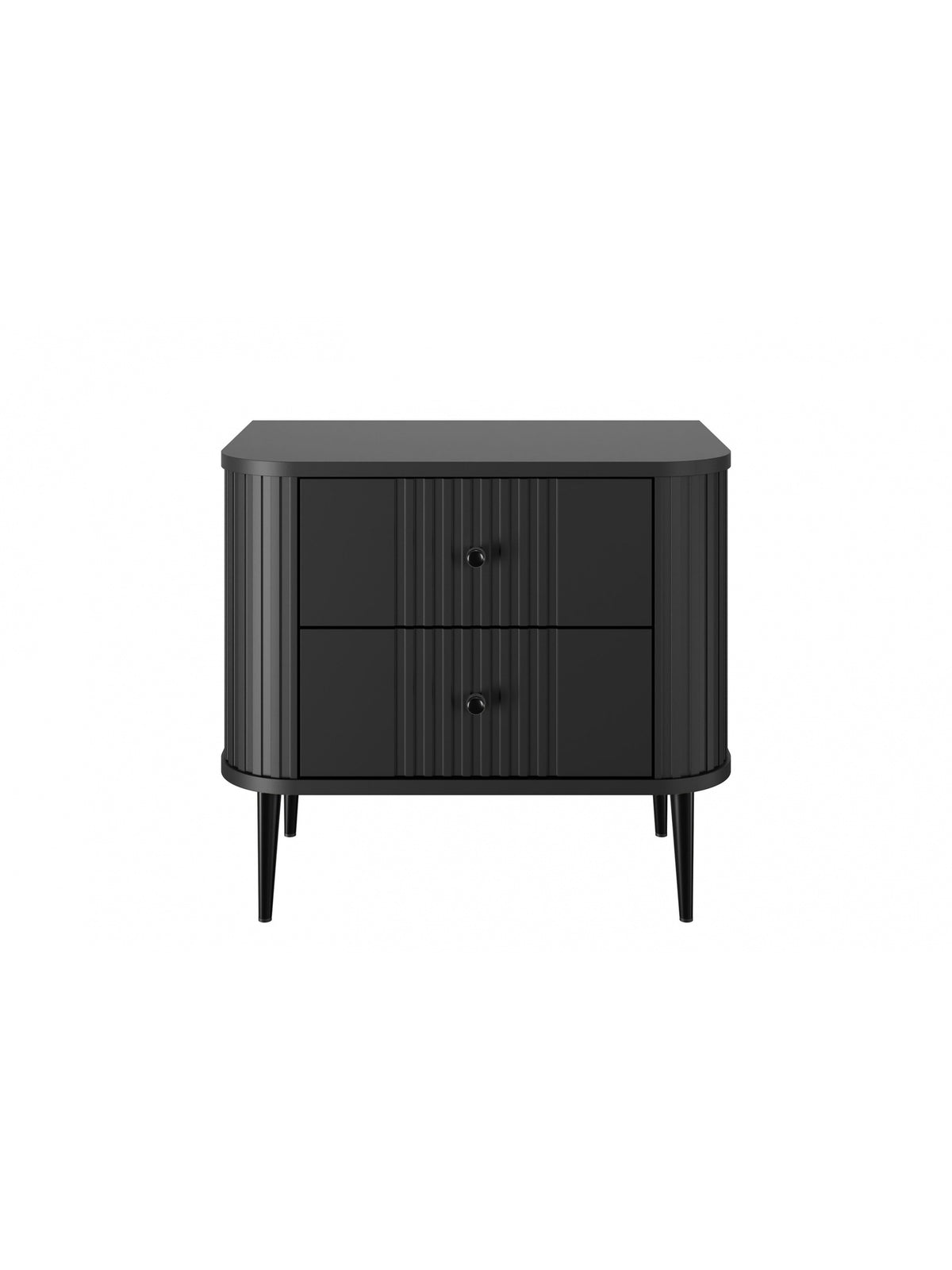 Černý noční stolek Vesper 56 cm s rýhovanými předními panely a kovovými nohami