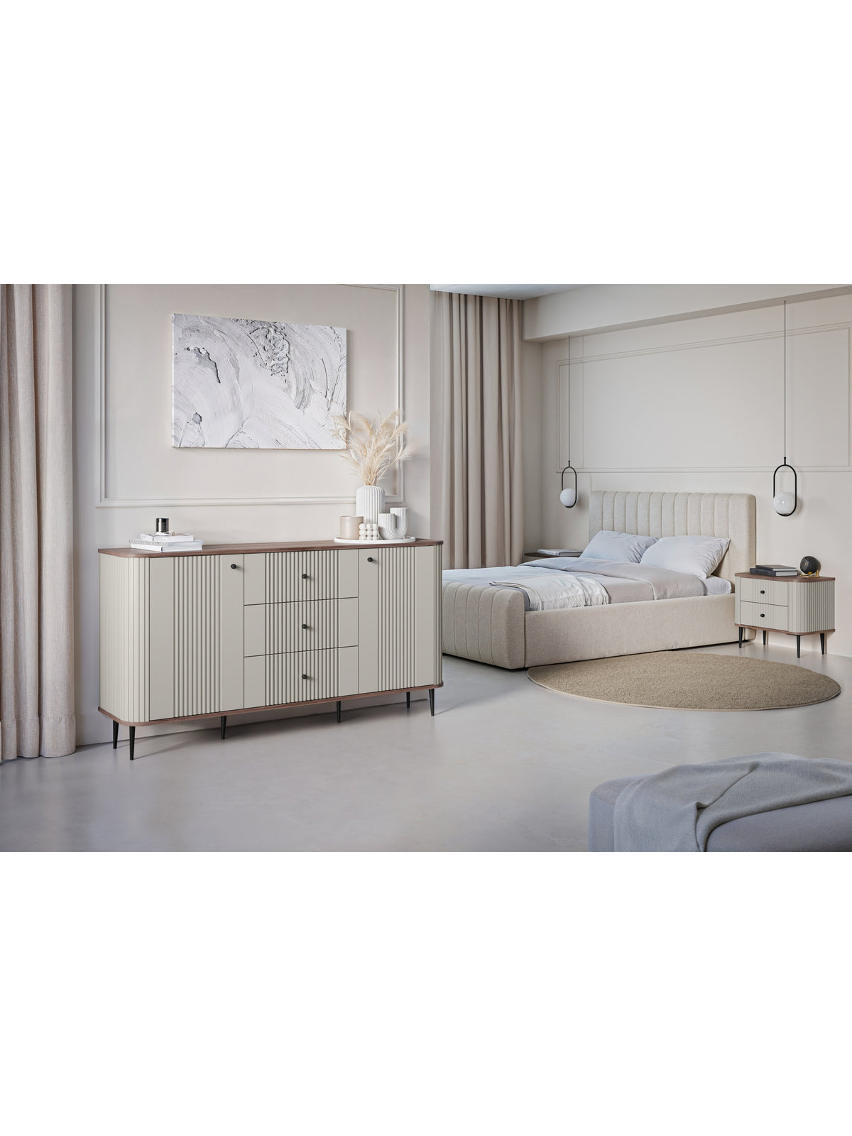 Sada nočních stolků Vesper 56 cm v barvě cashmere s ořechovou deskou a černými nohami, pohled zboku